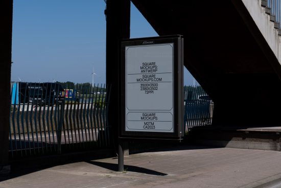 Urban outdoor advertising mockup displayed on a vertical billboard in a daytime setting under a bridge, clear visibility for design showcasing.